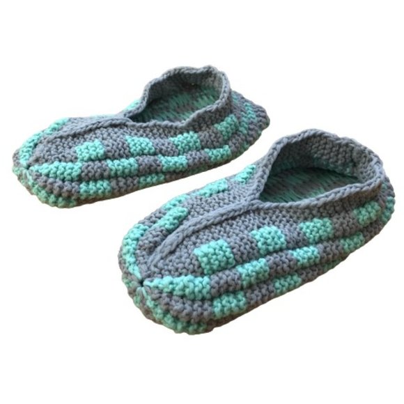 Vintage Turquoise Grey Checker Warm Cozy Slippers - Picture 1 of 6